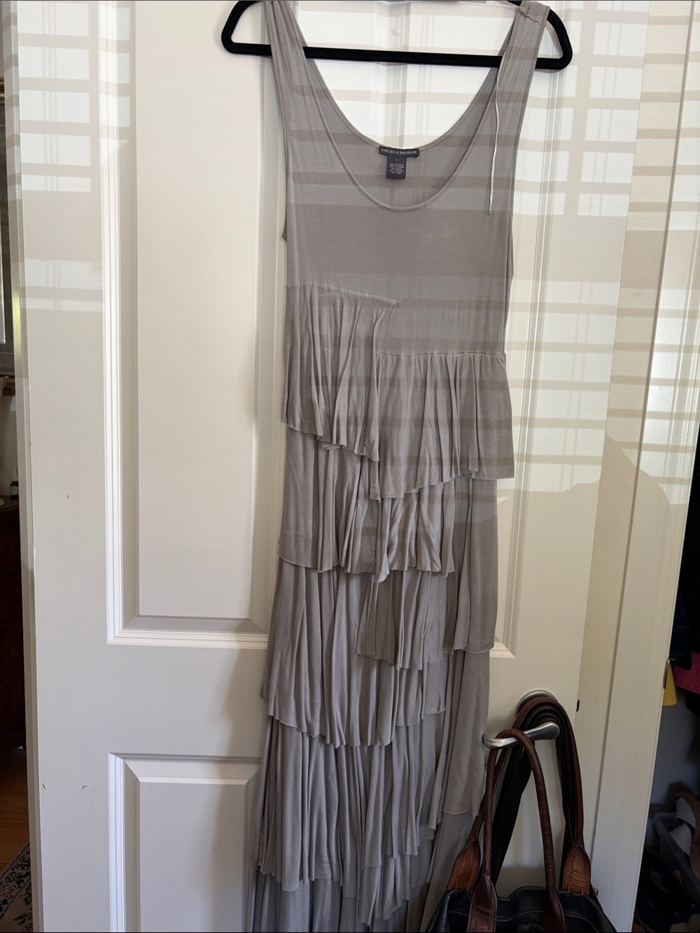 Chelsea & Theodore Taupe Layered Ruffle Maxi Dress